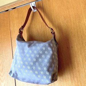 Dooney & Bourke blue gray logo canvas DB leather strap shoulder bag purse VGUC